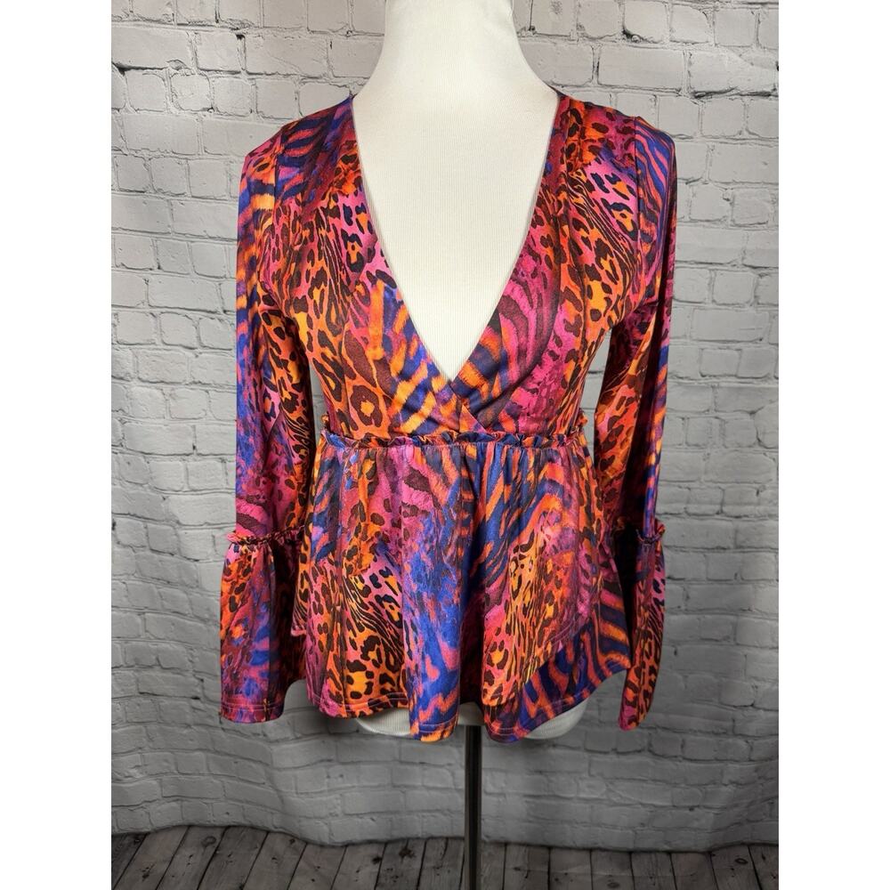 Boston Proper Deep V Leopard Tie Dye Colorful‎ Ruffle Top Small Party Eclectic